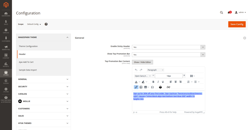Sticky header settings screen for MageSpark Themes in Magento admin