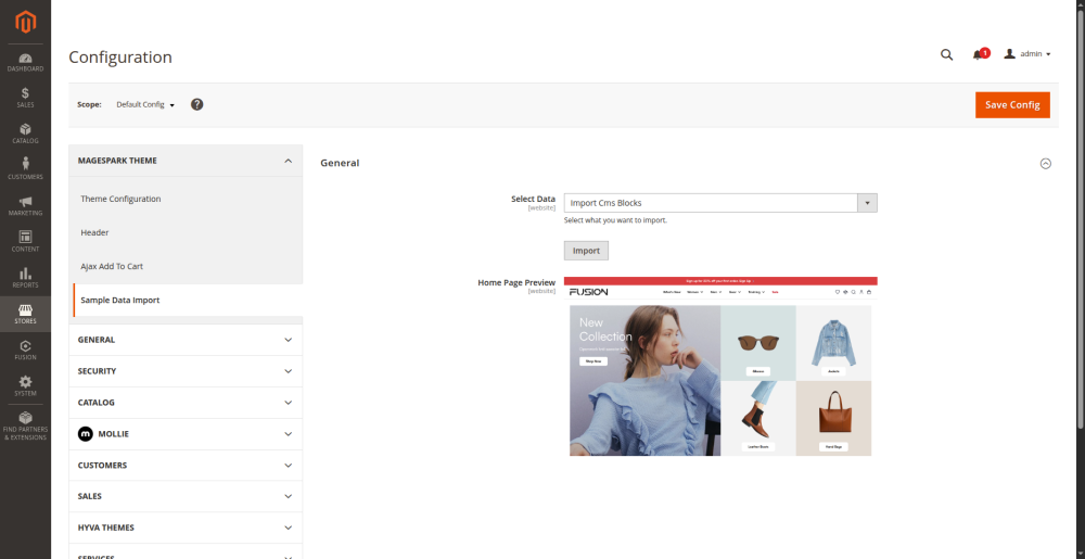 MageSpark sample data import screen in Magento admin
