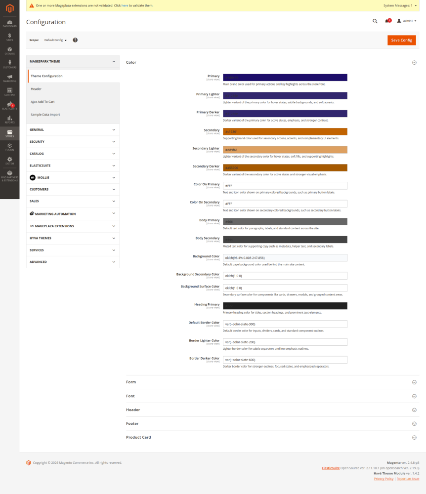 Magento admin settings for MageSpark theme configurations