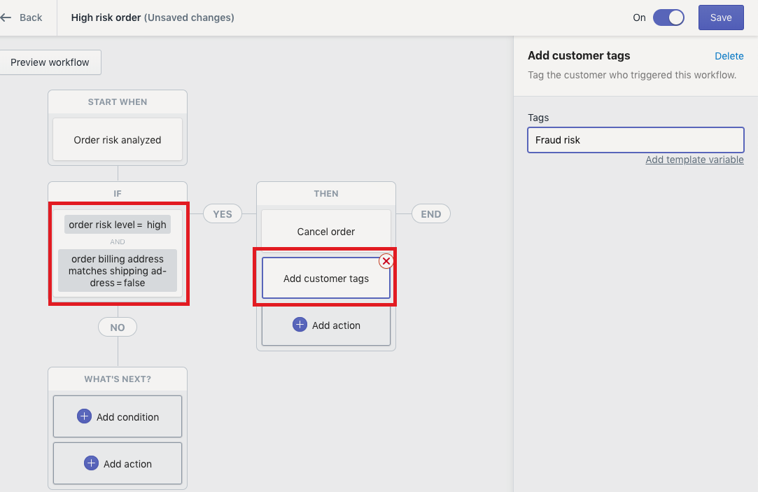 Shopify Flow action example showing steps like tagging an order and notifying a team channel