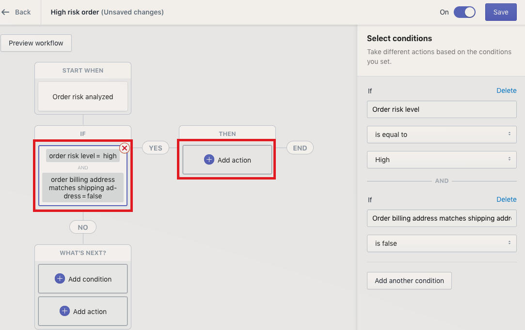 Shopify Flow condition example evaluating order rules before continuing the workflow