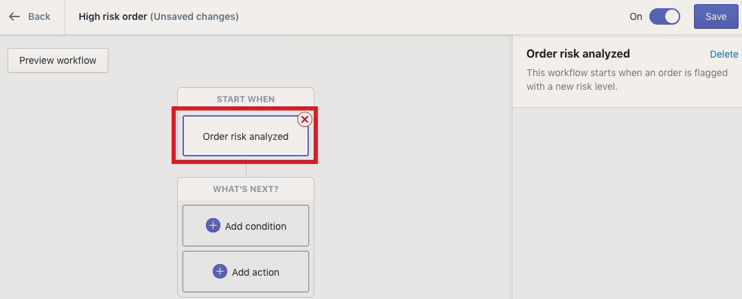 Shopify Flow trigger example showing an order-related event starting a workflow