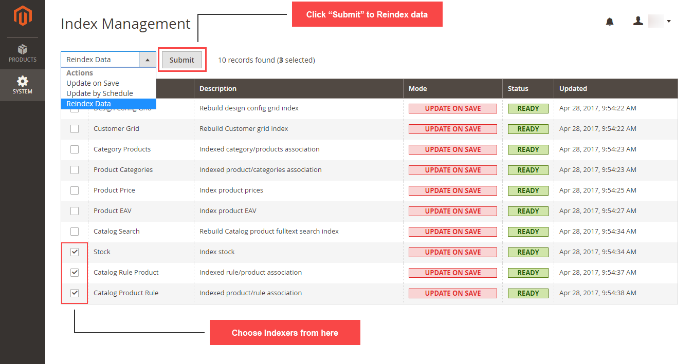 Reindex from admin Magento 2