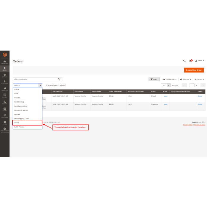 Magento 2 Delete Orders