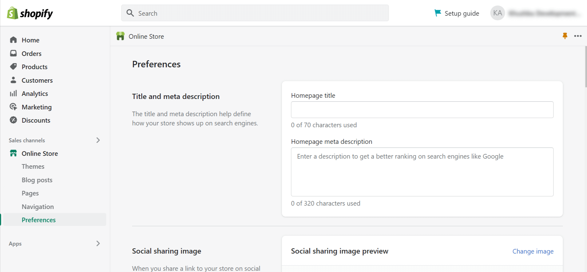 Shopify admin showing homepage SEO title and meta description in Preferences