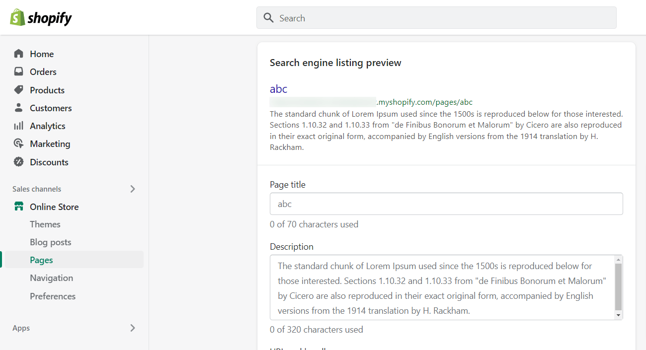 Shopify admin showing page SEO fields in Search engine listing preview