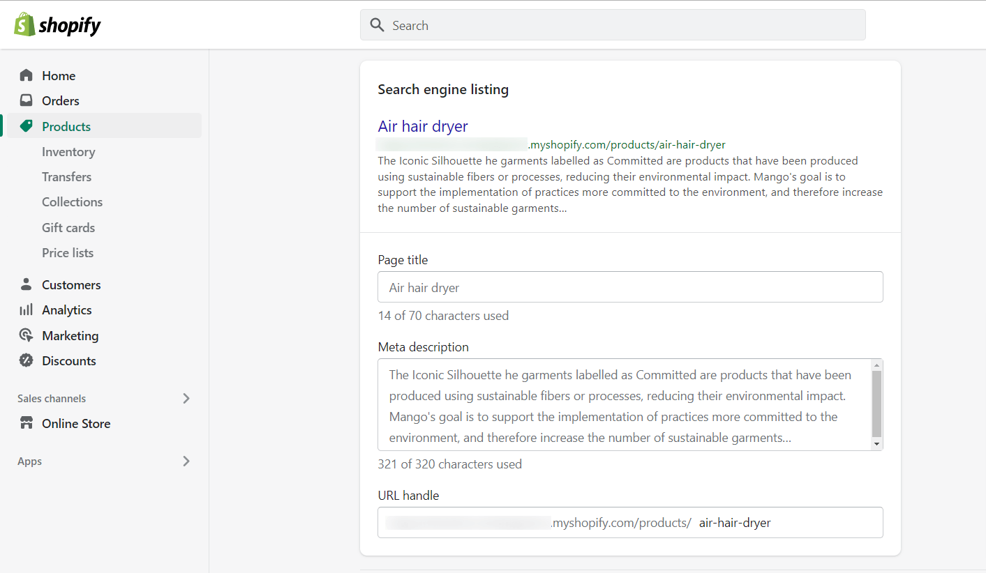 Shopify admin showing product SEO fields in Search engine listing preview