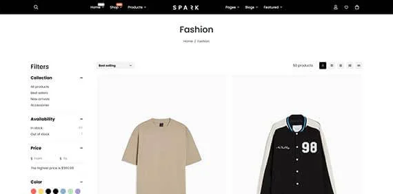 Shopify collection page layout with 2-column product grid for clothing brands