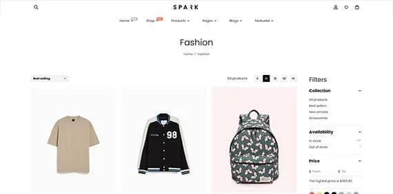 Shopify collection page layout with 3-column product grid for clothing brands