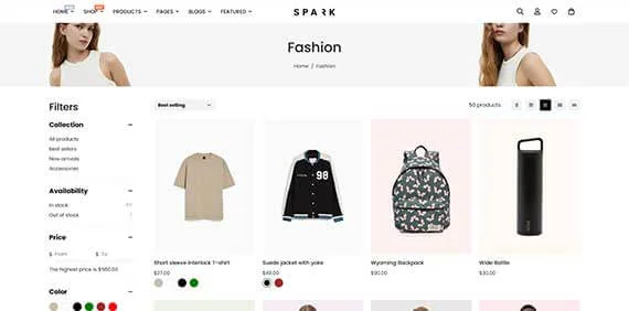 Shopify collection page layout with 4-column product grid for clothing brands