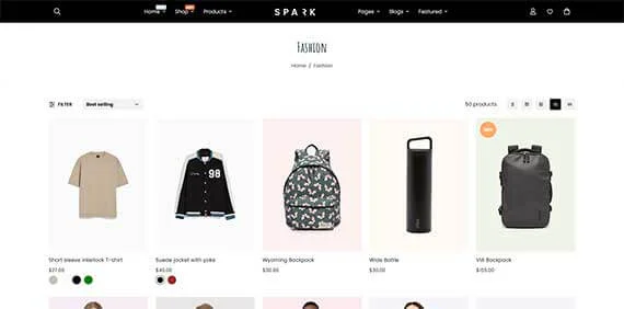 Shopify shop page layout with 5-column product grid and filter UX